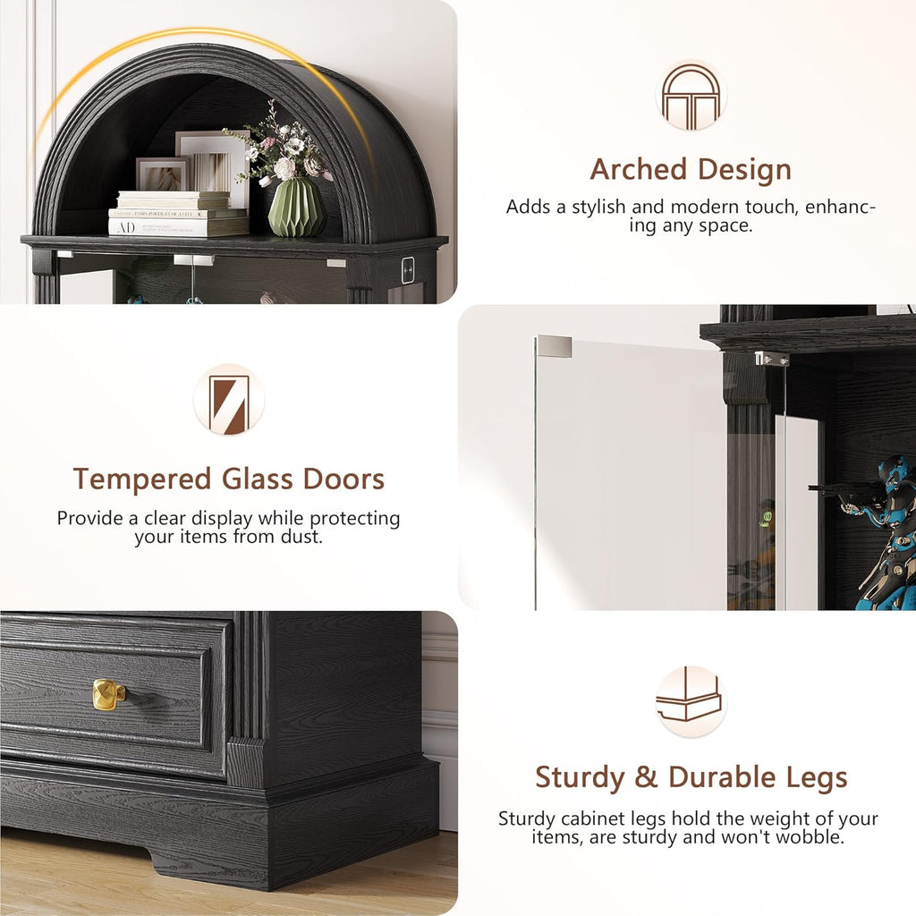 Black Curio Cabinet with Glass Doors, 72" Tall Arched Display Cabinet with Human Sensor Lights, 4-Tier Display Case