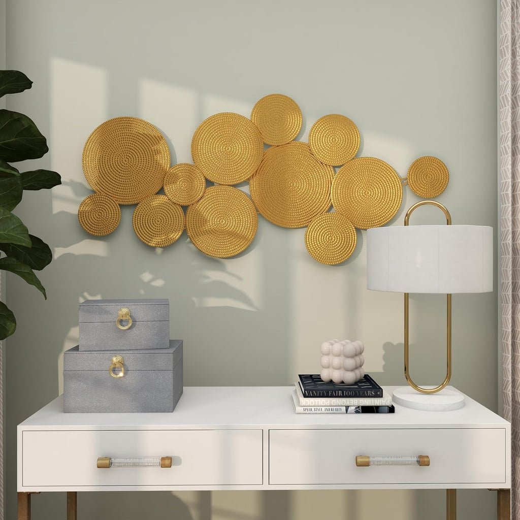 Metal Plate Home Wall Decor Wall Sculpture with Textured Circles, Wall Art 49" x 3" x 24", Gold