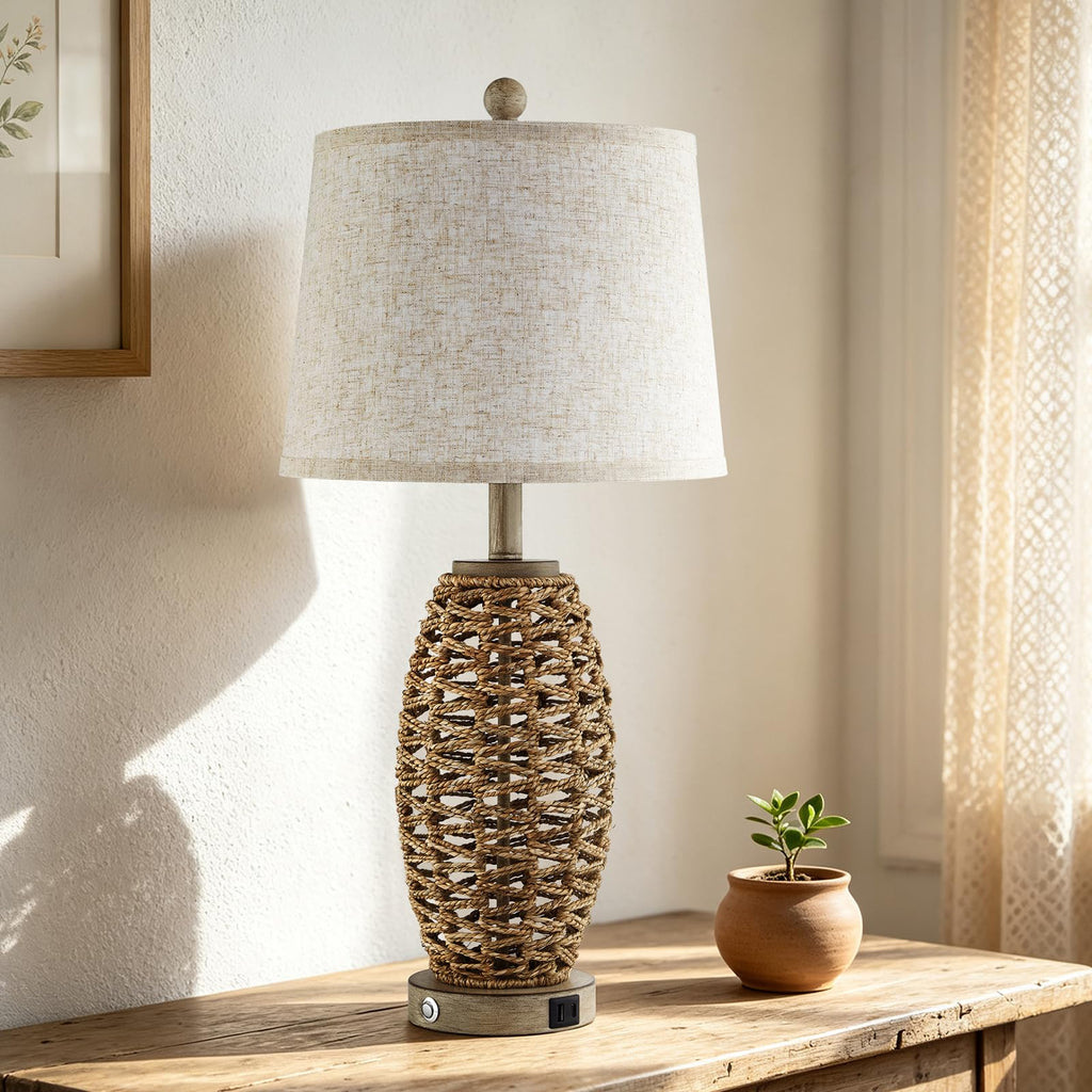Rattan Table Lamp, Dimmable Touch Lamp for Bedside Table, Rustic Vintage Table Lamp with USB Ports, Farmhouse
