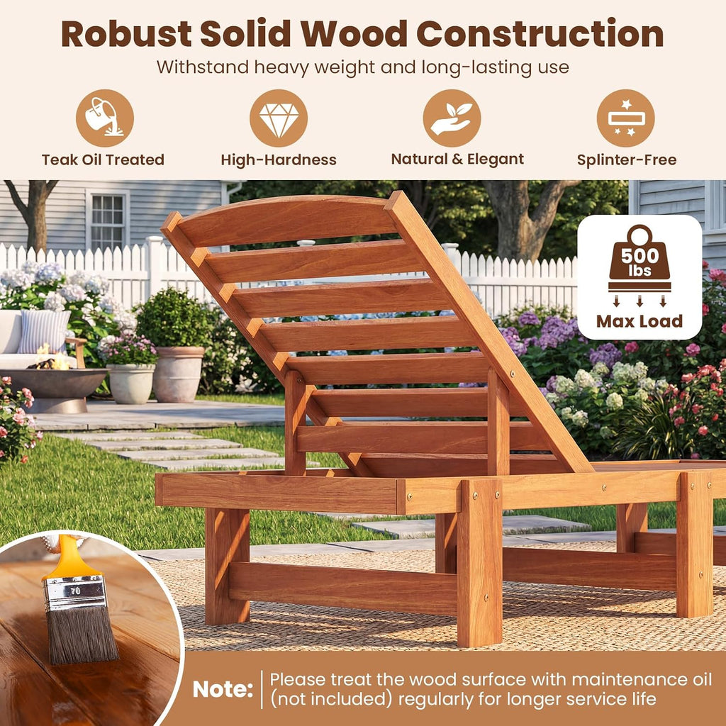 Lounge Chair Outdoor, Solid Wood Patio Chaise Lounge with 5-Level Adjustable Backrest, Wooden Slatted Beach Pool