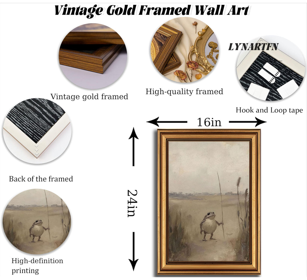 Vintage Gold Framed-Funny Whimsical Frog Traveler Wall Art, Eclectic Frog Canvas Prints, Retro Farmhouse Animal