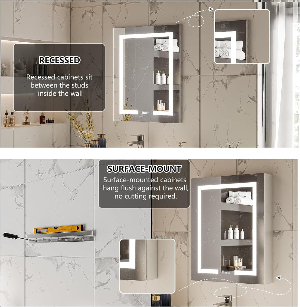 LED Bathroom Medicine Cabinet Mirror, 24" x 30" Lighted Vanity Mirror with Storage, Frameless Mirrored Medicine
