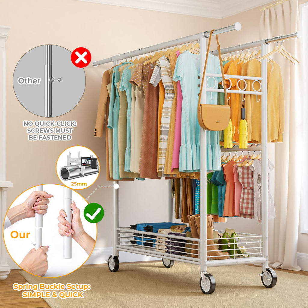 Heavy Duty Clothes Rack Load 960LBS, Three Rods Rolling Clothing Racks for Hanging Clothes, Rolling Garment Rack With