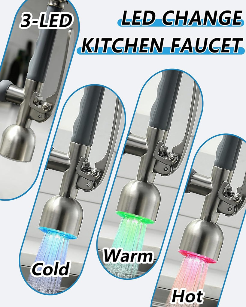 Commercial Pull Down Sprayer Brushed Nickel Kitchen Faucet | Single Handle Kitchen Sink Faucet with LED Light