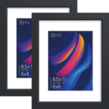 8.5 by 11 Picture Frame 2 Pack, Black Wood, 6x8 Mat, Glass, for Diploma