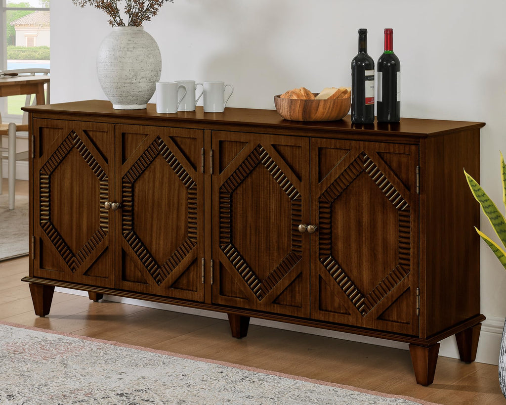 65" Mid Century Sideboard Buffet Cabinet with Solid Wood Legs, Accent Storage Cabinet Credenza with 4 Doors (Walnut)