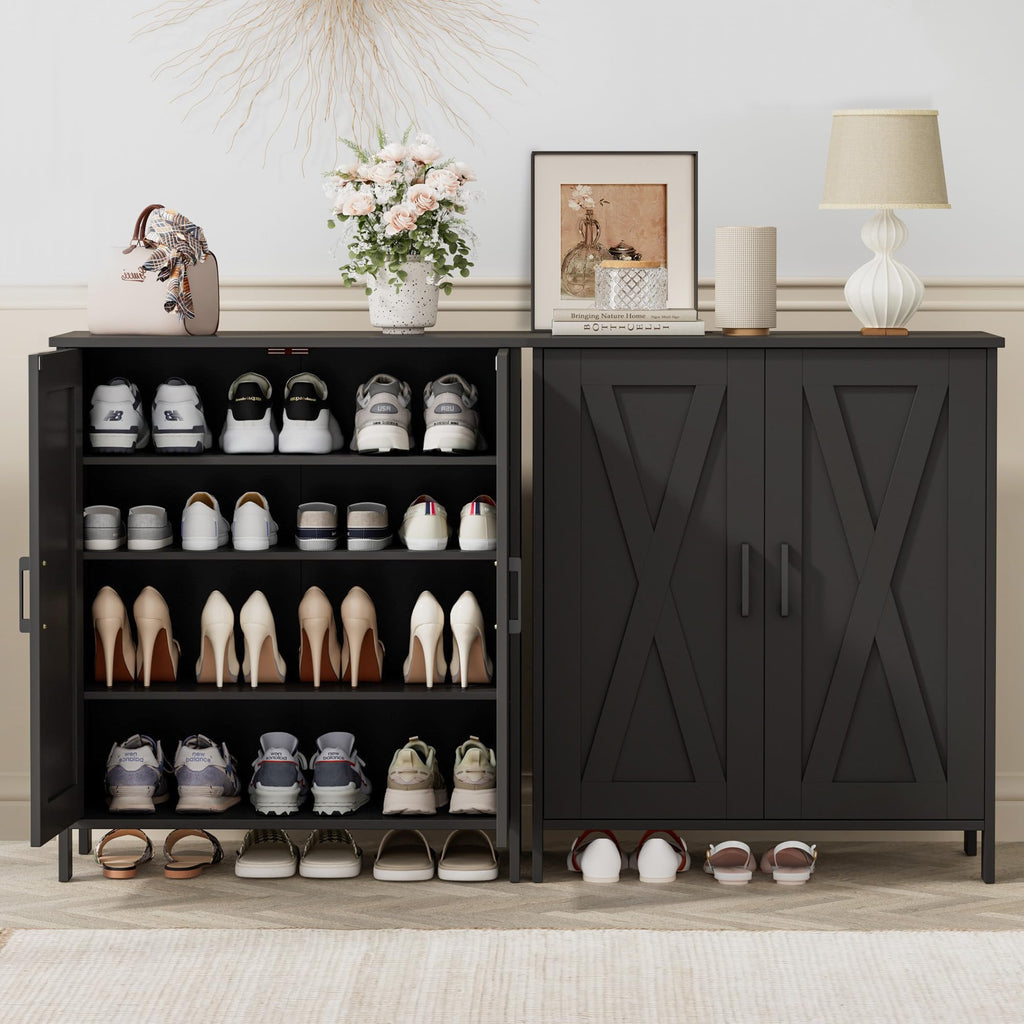 Farmhouse Shoe Cabinet with 2 Barn Doors & Wood Legs