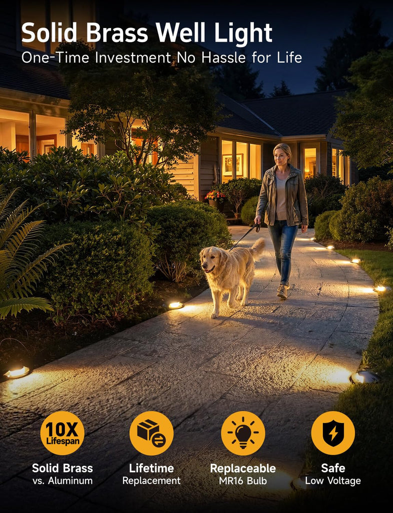 Solid Brass Well Light - Low Voltage 12V In-Ground All Weather LED Landscape Lighting, Replaceable Bulb Fixture