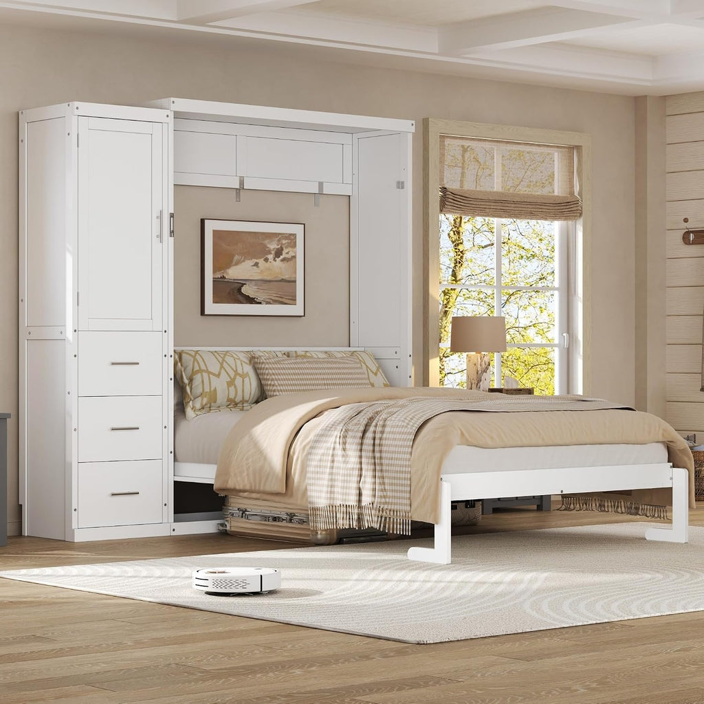 Folding Bed Cabinet Full with Storage, Hidden Murphy Bed with Drawers and Wardrobe, White