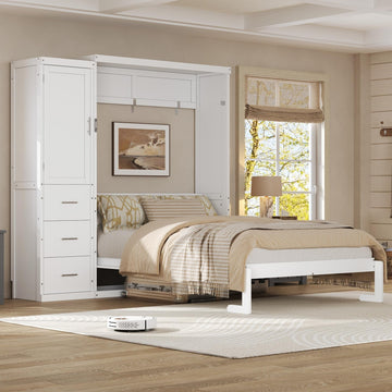 Full Murphy Bed with Storage Cabinet, Foldable Space-Saving Wood Wall Bed Frame with Wardrobe and 3 Drawers, Hidden