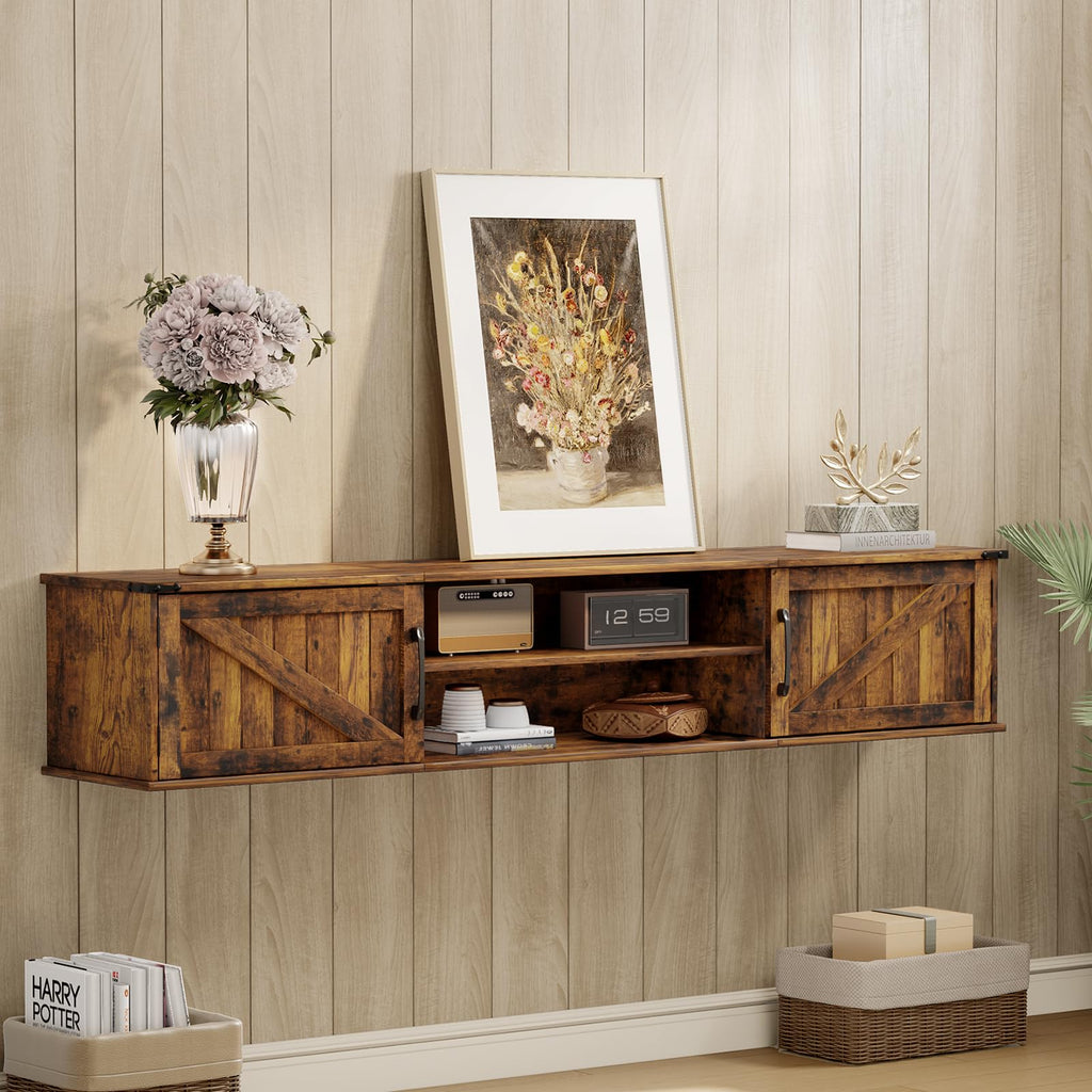 63" Farmhouse Floating TV Stand with Doors for TVs up to 80", Brown
