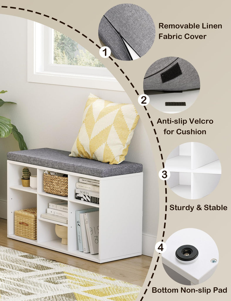 Shoe Storage Bench with Cushion, 31.5" Cubby Shoe Rack, 9 Cubbies