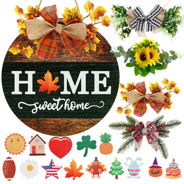 Interchangeable Welcome Sign for Front Door with 4 Seasonal Wreath and 14 Changeable Icons, Home Sweet Home for