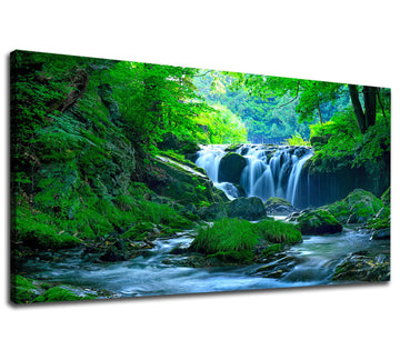 Green Forest Canvas Wall Art Waterfall Pictures Wall Decor Green Nature Landscape Canvas Painting Calming Nature