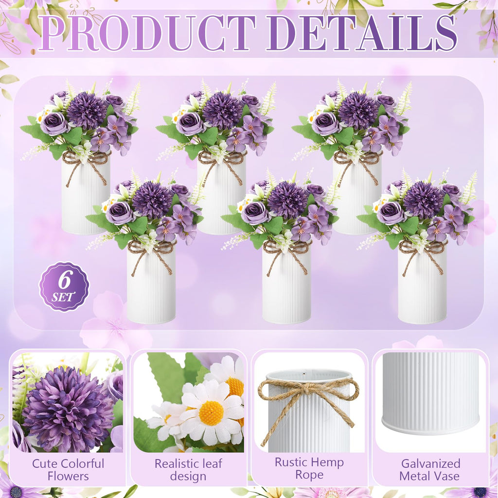 6 Sets Wedding Centerpiece for Table Decoration Dark Purple Artificial Fake Rose Flower with Metal Vase Faux Silk