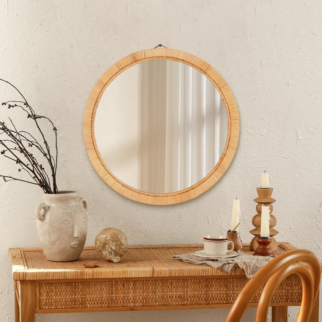 Rattan Wall Mirror - 20" Boho Round Bathroom Mirror Decorative Farmhouse Circle Mirror for Vanity Entryway Living