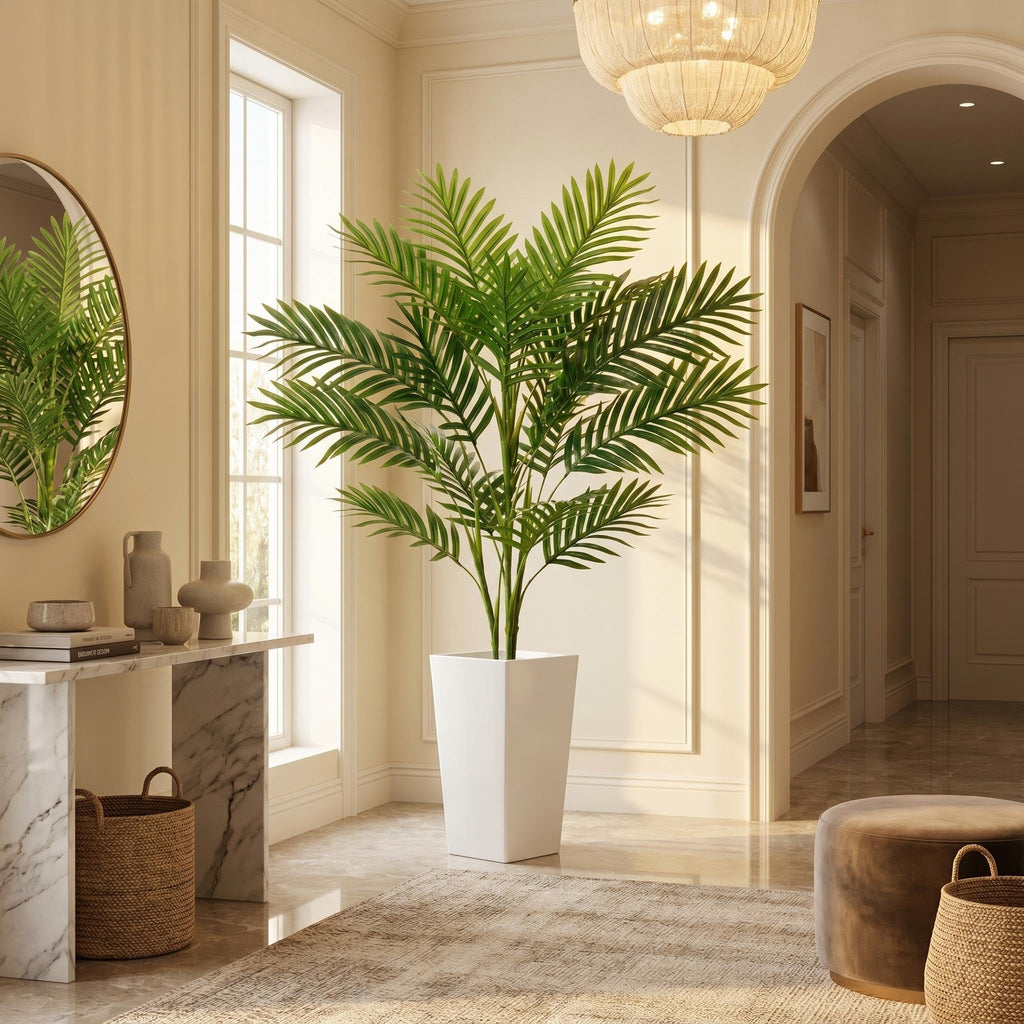 4.2FT Artificial Palm Tree, Tall Faux Tropical Areca Plants with White Tall Planter, Fake Potted Tree with Lifelike