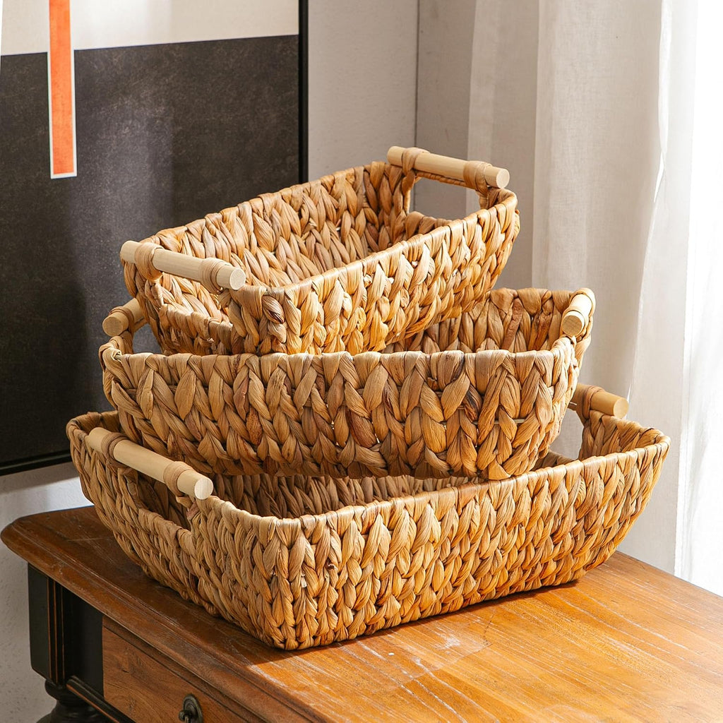 Woven Storage Baskets - Set of 3 Handwoven Water Hyacinth Wicker Baskets with Wooden Handles for Organizing