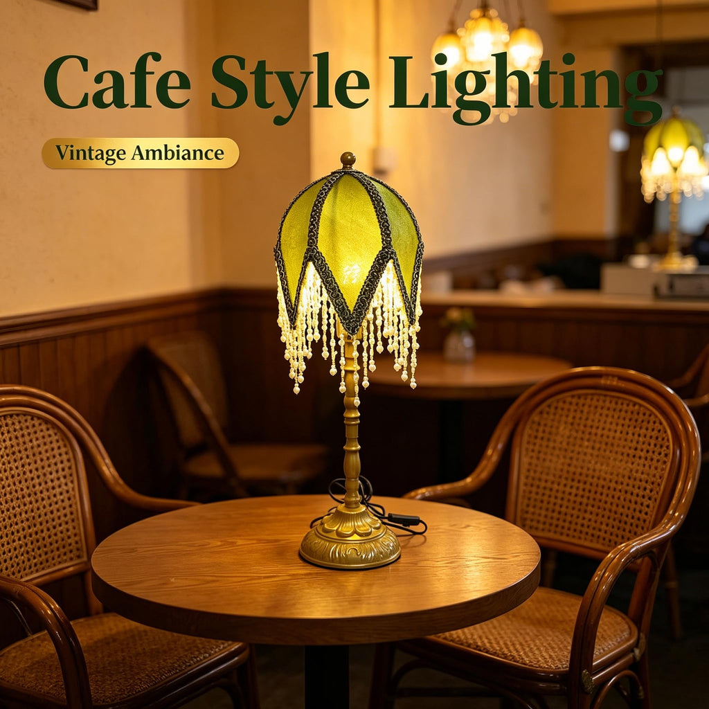 Vintage Tasselled Table Lamp with Beaded Shade, Green and Gold