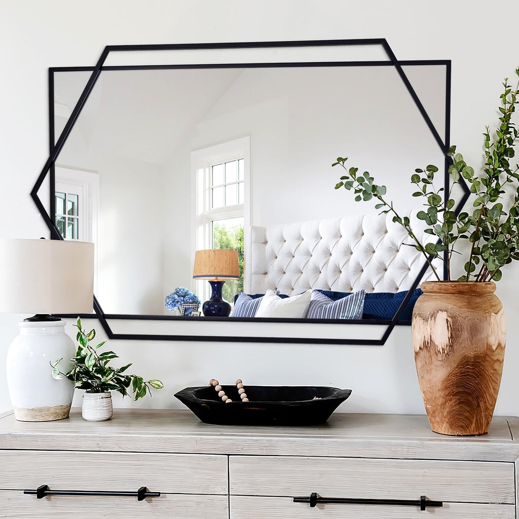 Living Room Black Wall Mirror for Decor with Metal Pipe, 32"x47"