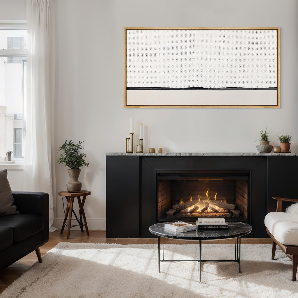 Extra Large Framed Canvas Print Wall Art Minimalist Dotted Horizon Line in Monochrome Antique Retro Fine Art