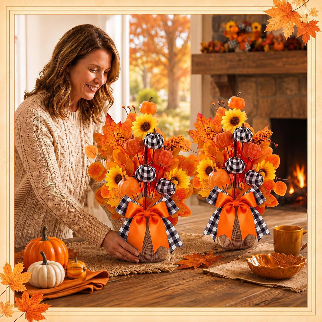 Fall Centerpiece for Tables Artificial Pumpkin Tabletop Decoration - Set of 2