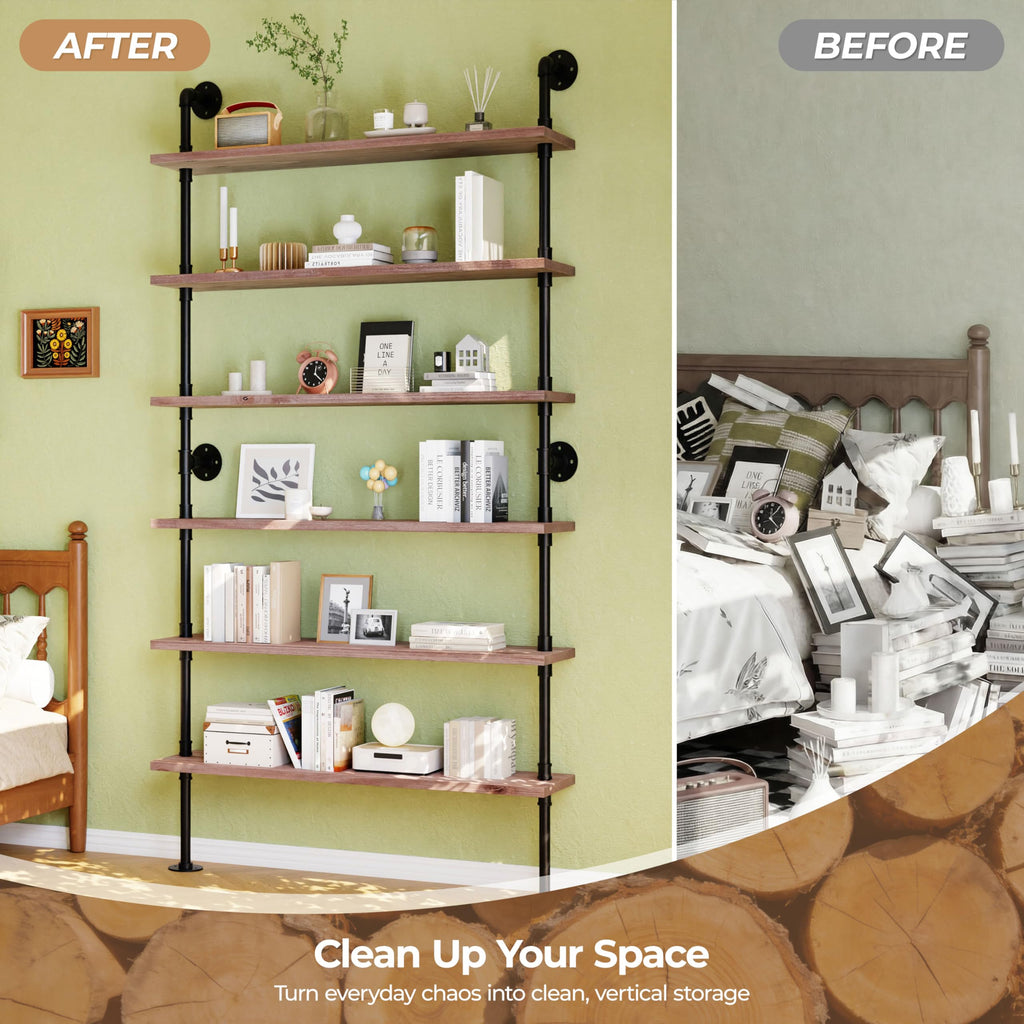 Industrial Pipe Bookshelf, Wall Mounted Shelf, 48 Inch, Weathered Brown
