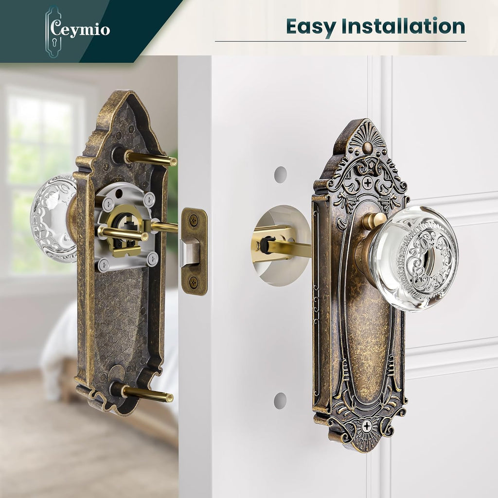 Antique Brass Crystal Privacy Door Knob, Vintage Interior Lock Set