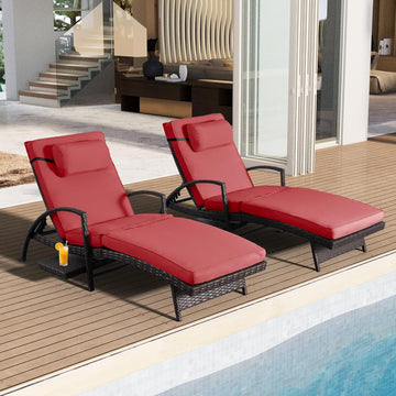 Outdoor Chaise Lounge Set of 2, Patio Lounge Chairs with Side Table,Red | Patio chaise lounges feature 6-position