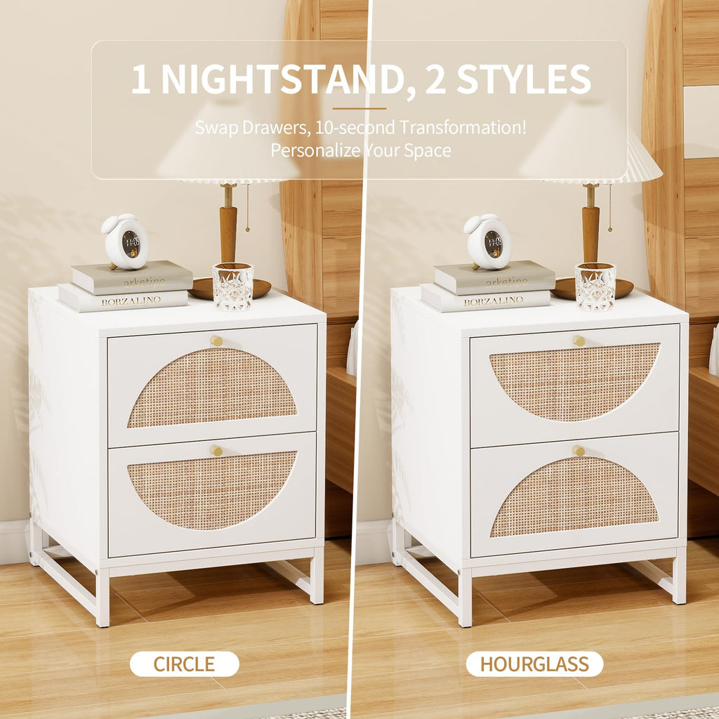 Rattan Nightstand with 2 Drawers, Wooden Rattan Weaving Bedside Table Accent, Rustic Side Table Night Stand with