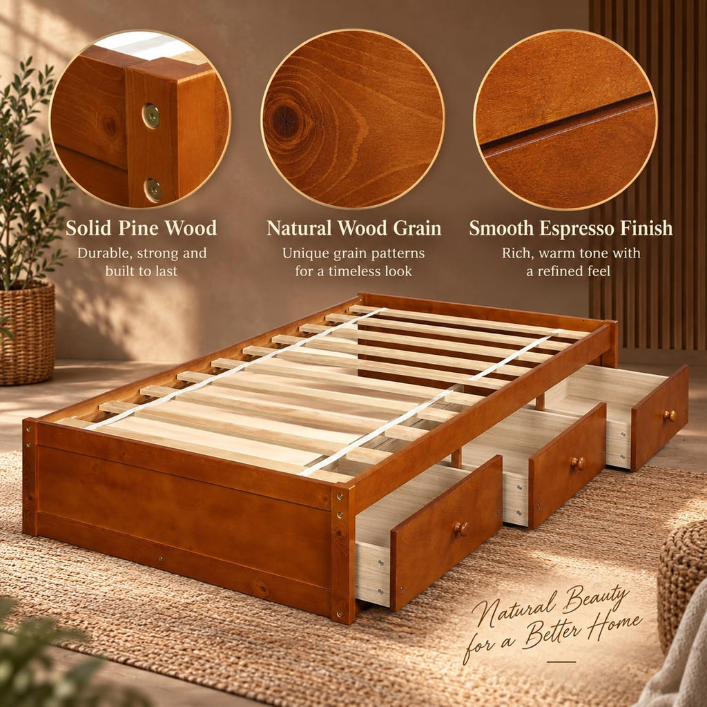 Twin Size Japanese Wood Bed Frame with 3 Storage Drawers (Oak)