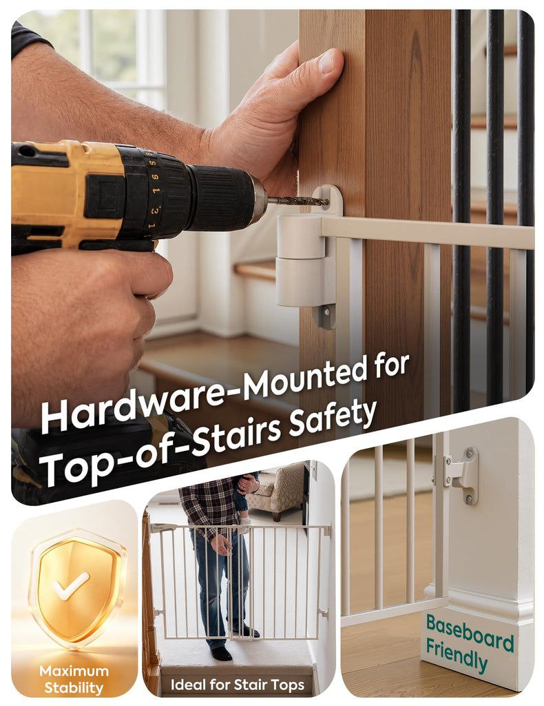 No Bottom Bar Baby Gate for Stairs, 28" H x 24-39" W, White