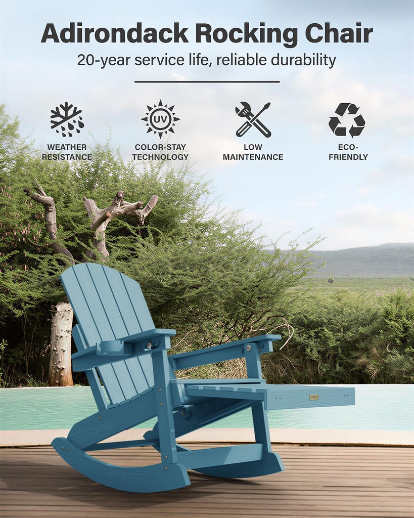 Adirondack Rocking Chairs Set of 2, with Footrest, All-Weather, Blue | 5- Level Adjustable Backrest, Retractable