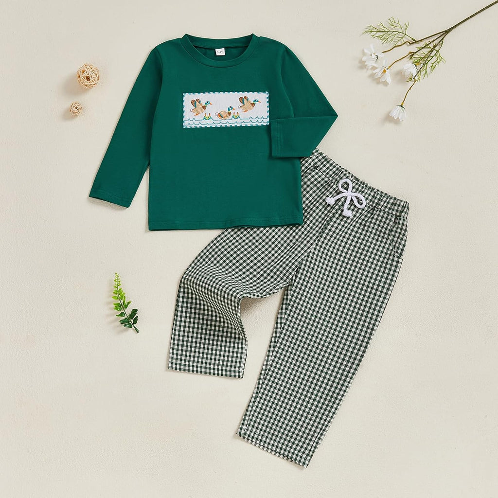 Toddler Baby Boy Hunting Outfit Long Sleeve Mallard Duck Sweatshirt T-shirt Gingham Pants Two Piece Smocked Clothes