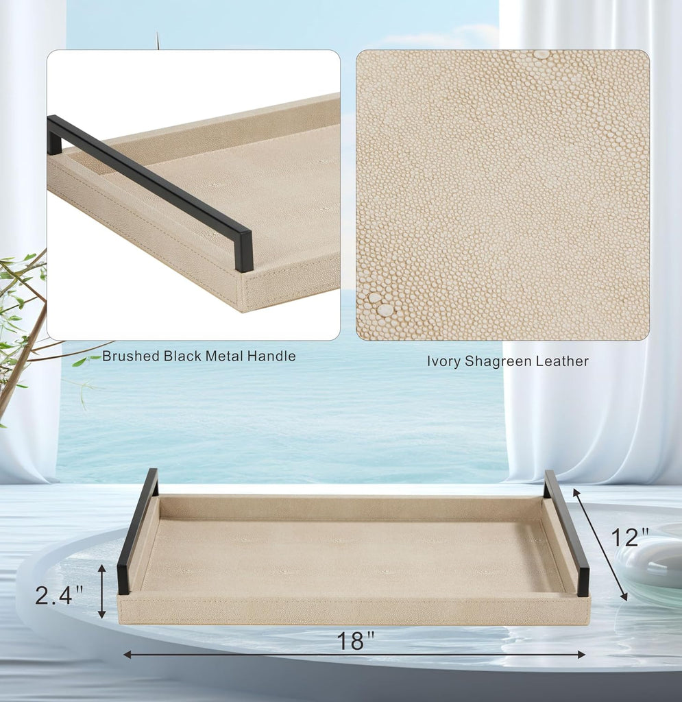 Sagala Ivory Shagreen Serving Tray for Ottoman, Faux Leather Wooden Decorative Tray with Black Handle for Coffee