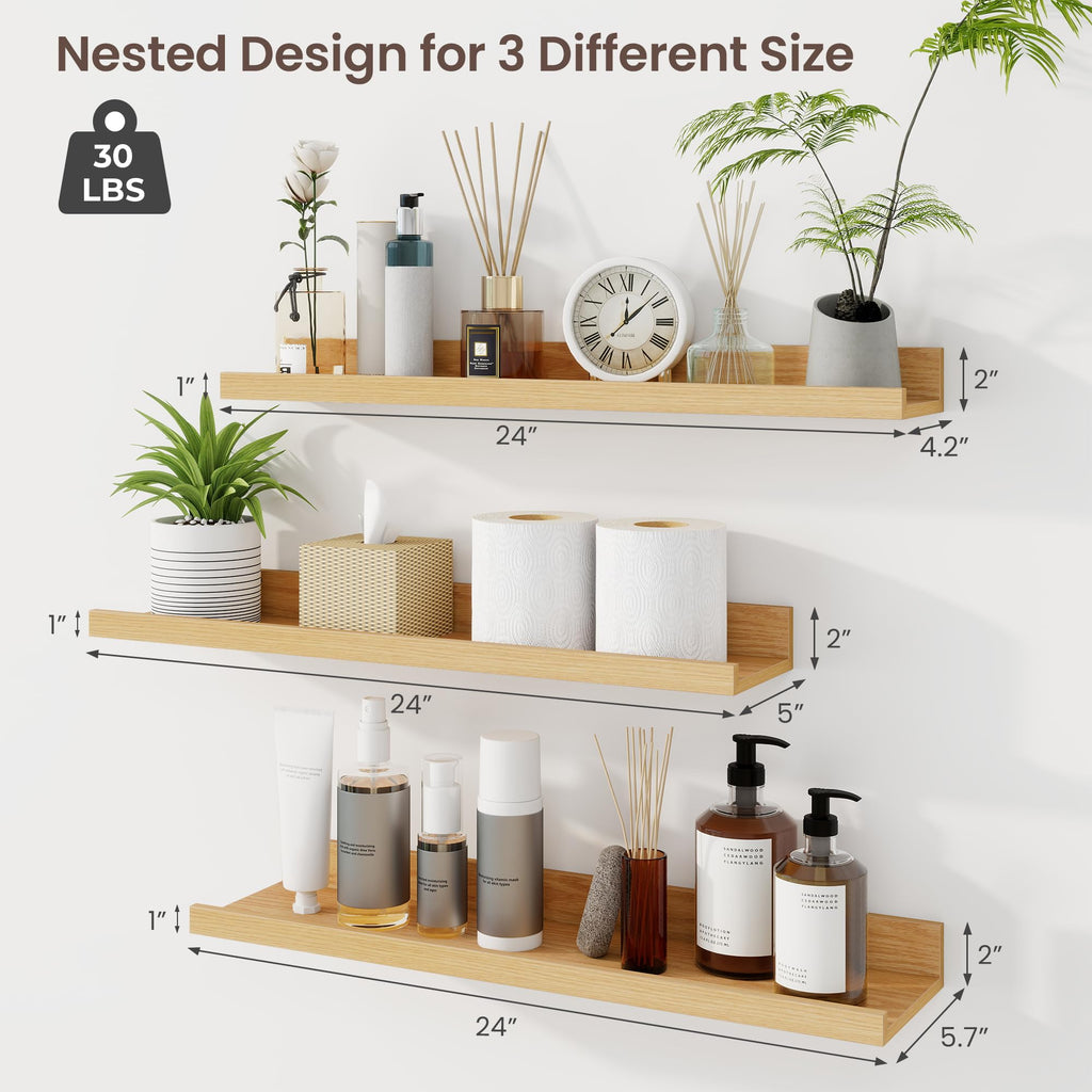 Picture Ledge Shelf, 24 Inch Oak Floating Shelves Set of 3