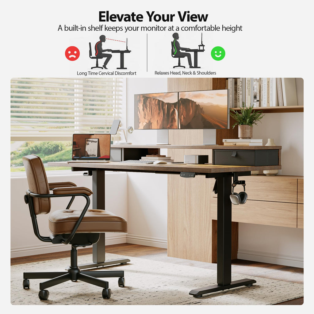 Electric Standing Desk with Drawers & Shelf, 48*24", Rustic Brown