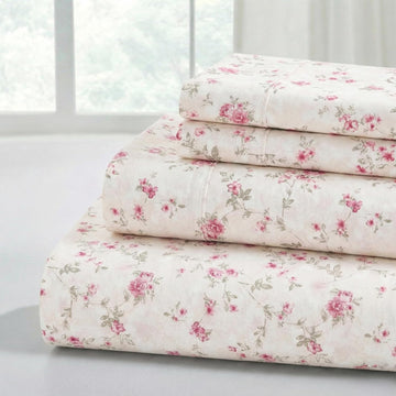 4-Piece Ultra Soft Microfiber Bed Sheets Set, Wrinkle Free Sheets with Deep Pockets Fitted Sheet, Flat Sheet & Pillowcases, Lightweight Breathable Bedding, Floral Rose, Queen