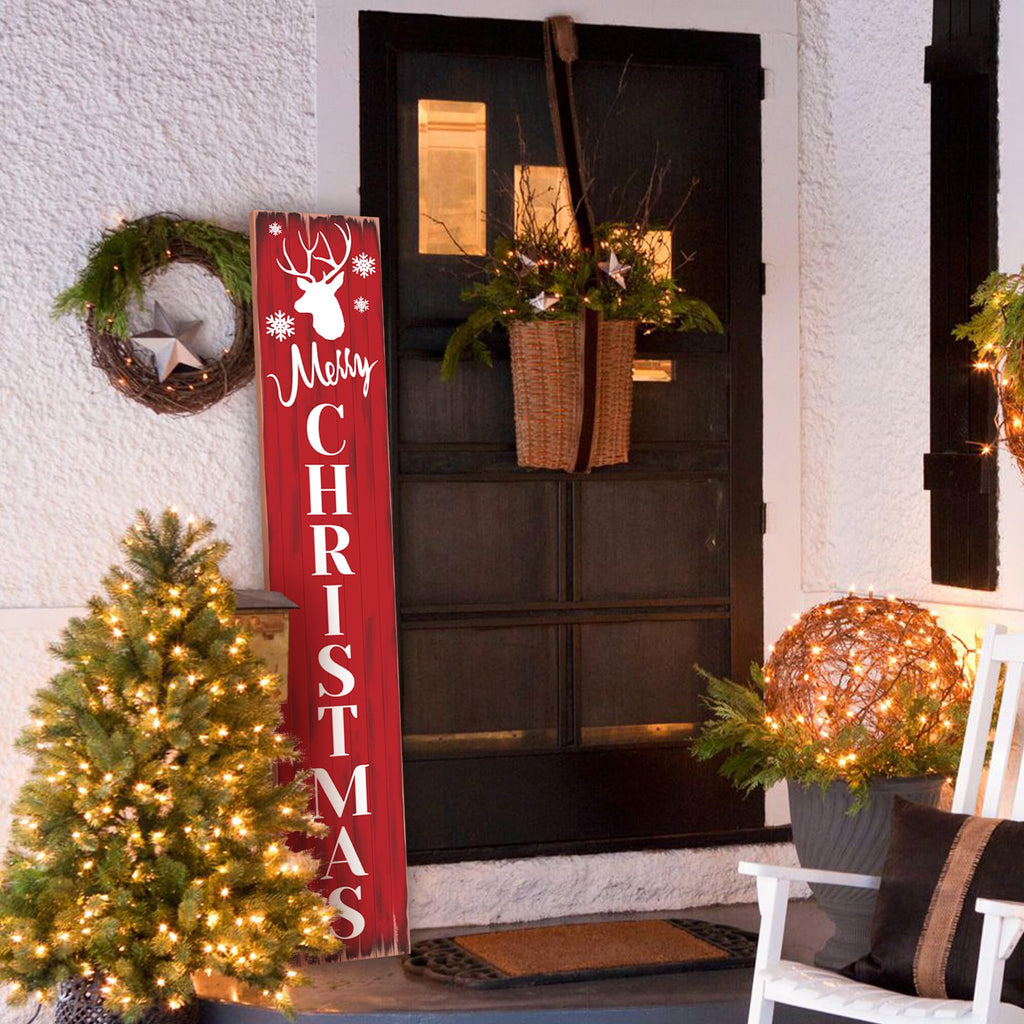 Merry Christmas Welcome Sign for Front Porch Standing, Snowflake Elk Wooden Porch Sign for Xmas Front Door