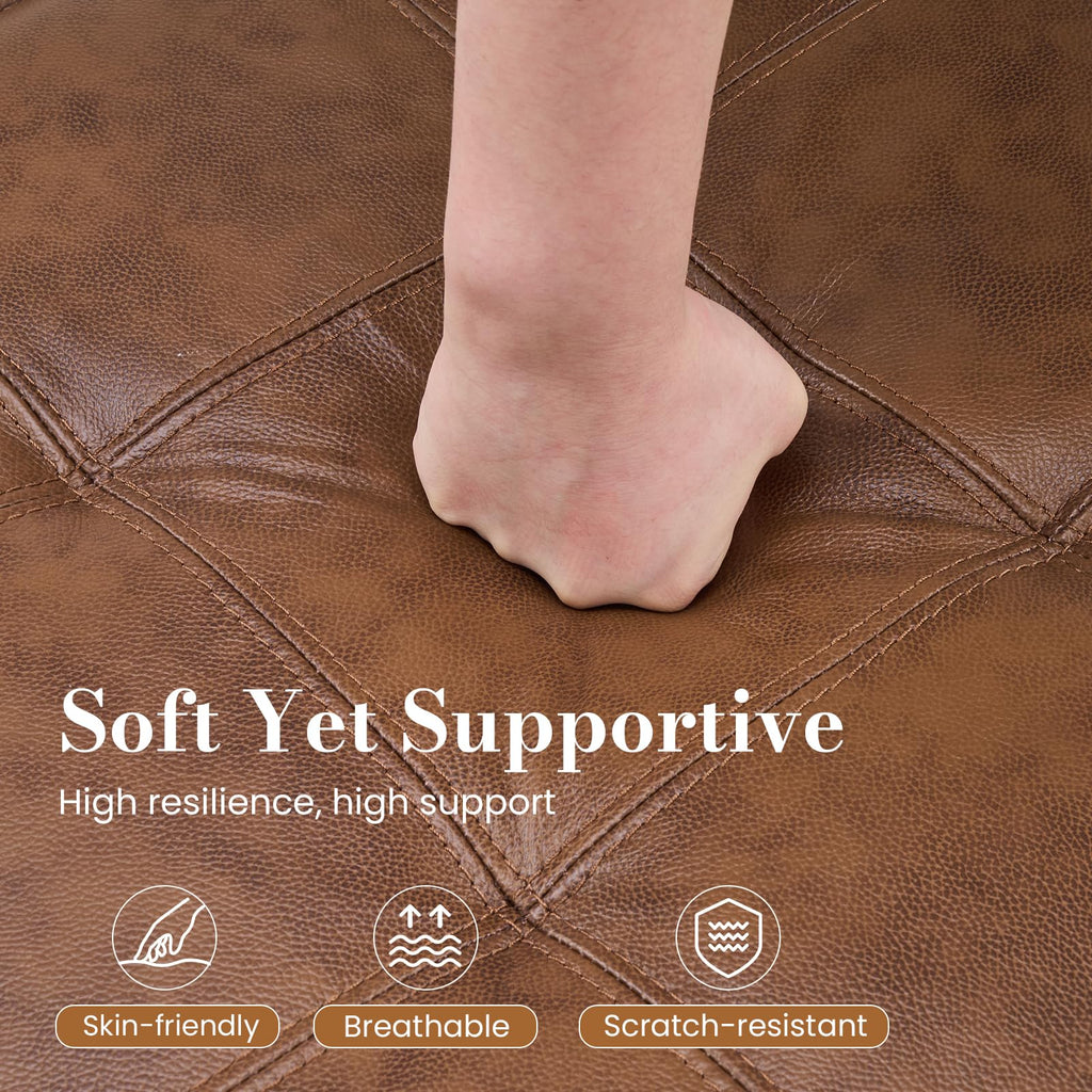 Square Genuine Leather Pouf Ottoman, No-Assembly Modern Footrest (Brown)