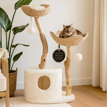 Cat-Tree Tower | Modern Cat Furniture | Real Wood Branch Scratching Post | White | 46"