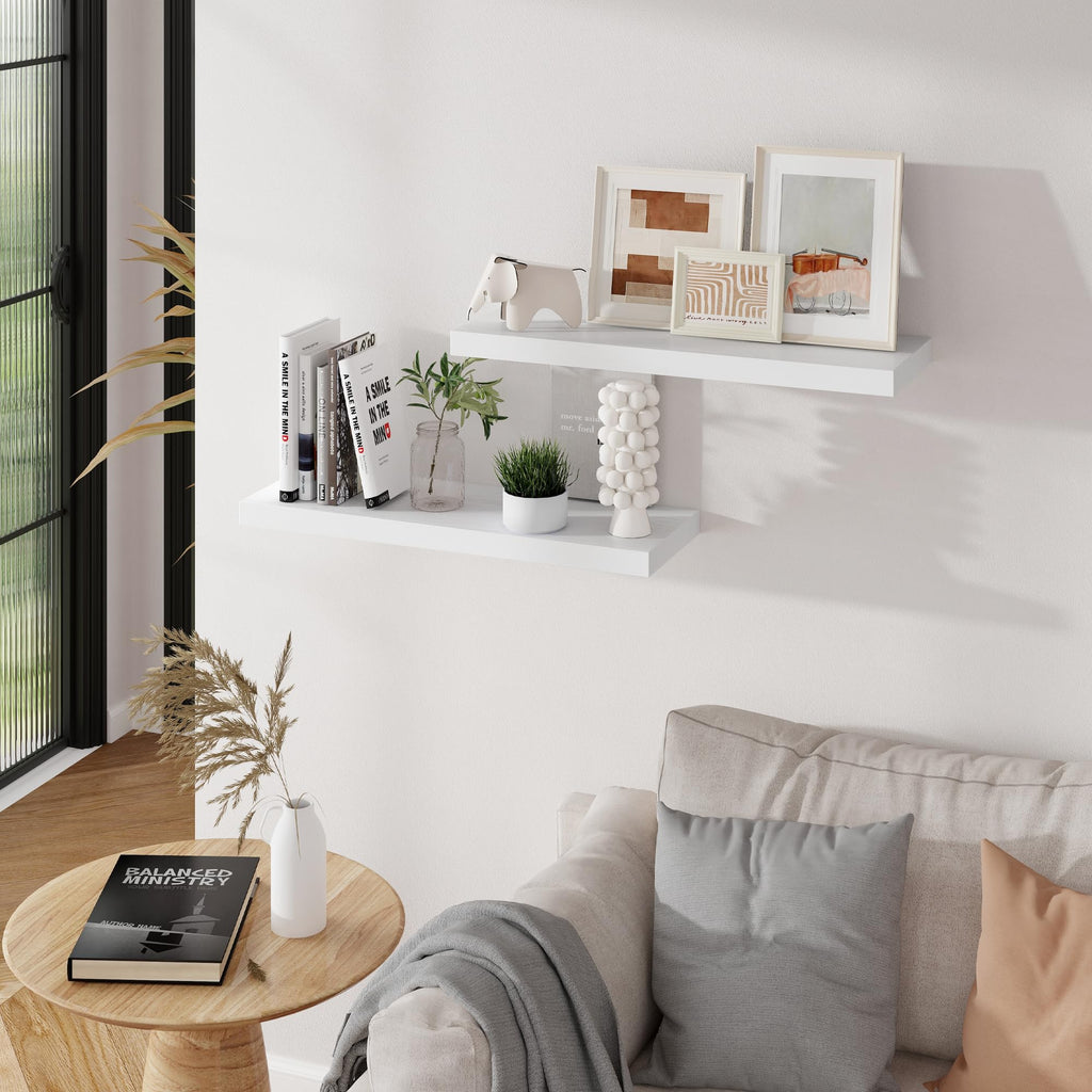 24 in Floating Shelves for Wall, 9.3in Deep White Shelves Set of 2