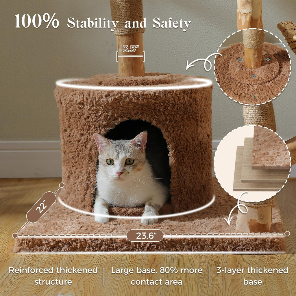 59" Modern Cat Tree for Large Cats, 3 Wicker Baskets & Condo, Brown