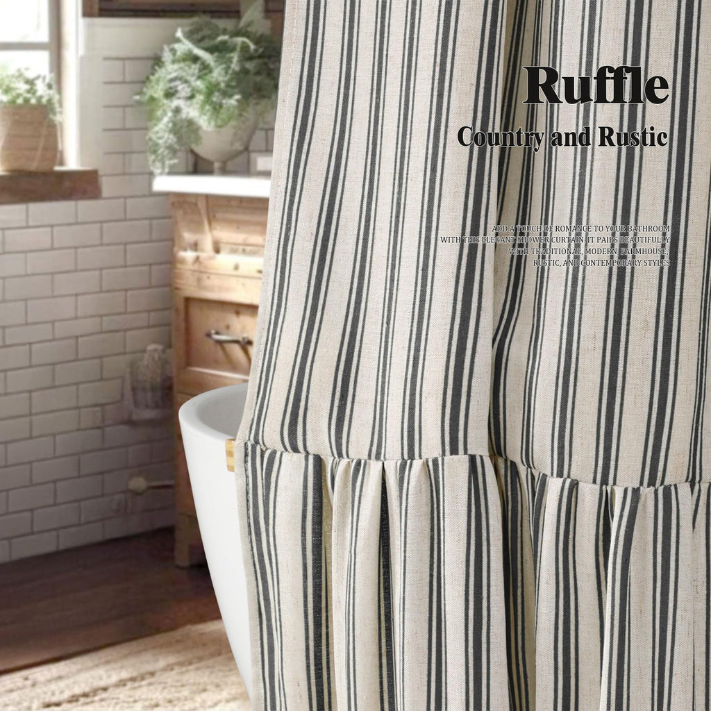 Farmhouse Ruffle Linen Cream-Black Stripe 72"W x 72"L