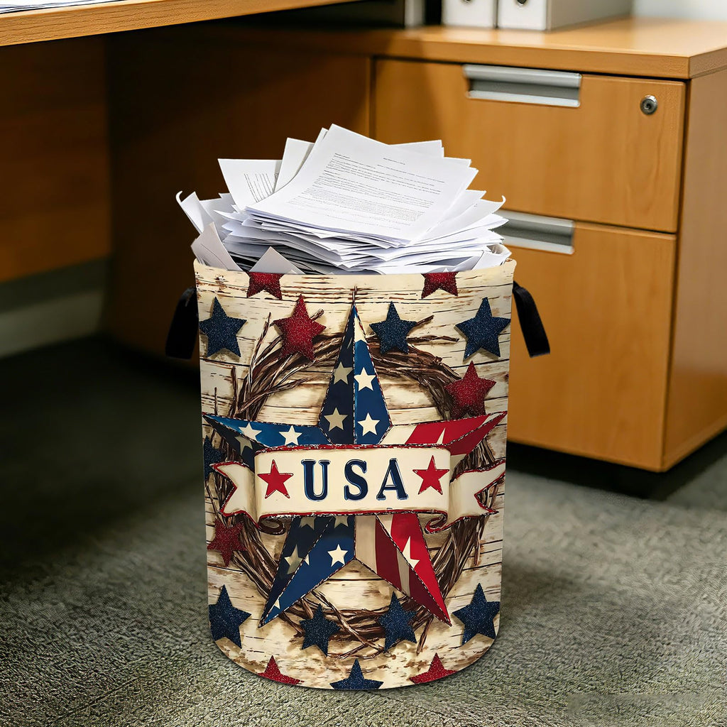4th of July Wooden Print Star Laundry Basket Foldable Laundry Hamper With Handles Clothes Storage Bucket Organizer