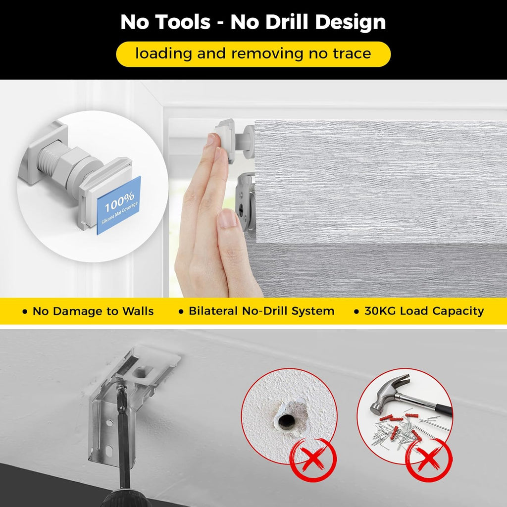No Tools No Drill Cordless Blackout Roller Shades for Indoor Windows, Easy to Install, Darkens Rooms, Blocks Heat