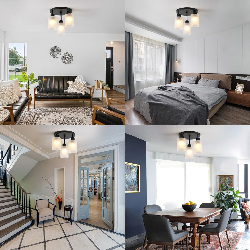 3-Light Industrial Farmhouse Black Matte Light Fixtures Ceiling Mount, with Frosted Glass Shades Semi Flush Mount