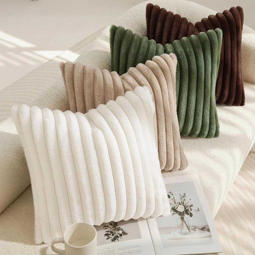 Summer Cozy Faux Fur Throw Pillow Covers 18x18 Set of 2 Decorative Soft Plush Striped Modern Farmhouse Boho Couch