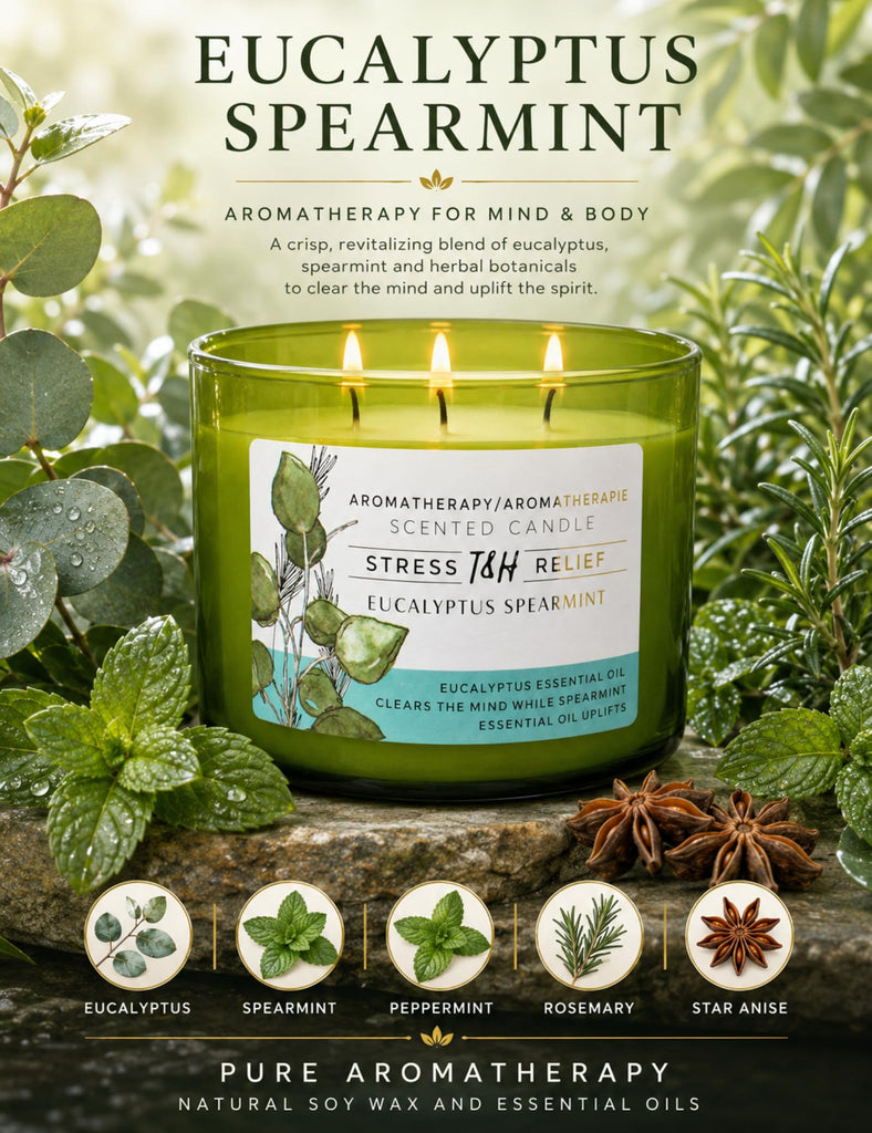 Eucalyptus Spearmint Scented Candle, 15.8 oz Large 3 Wick Soy Candle