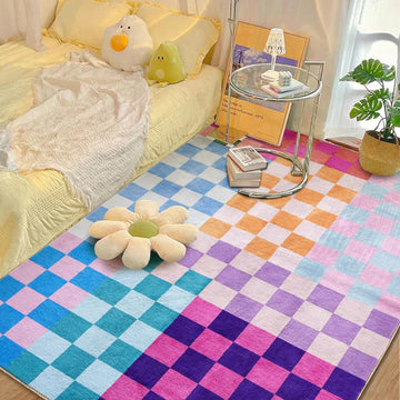Multicolored Checkerboard Washable Rug Ultra Thin Retro Aesthetic Funky Area Rugs Carpet for Living Dining Room